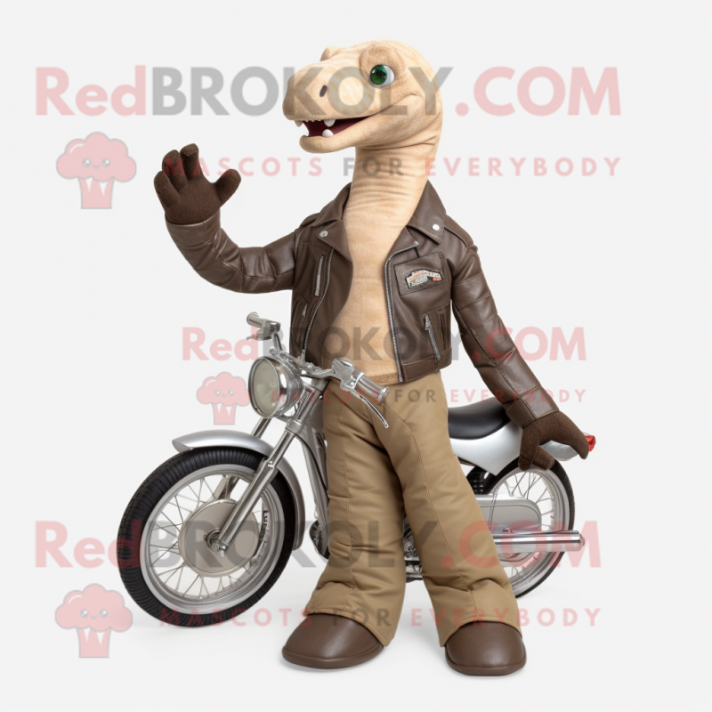 Tan Brachiosaurus mascot costume character dressed with a Biker Jacket and Gloves Tan Brachiosaurus mascot costume character dressed with a Biker Jacket and Gloves