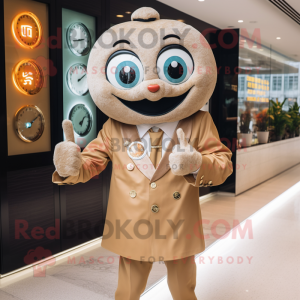 Tan Dim Sum mascot costume character dressed with a Suit and Digital watches