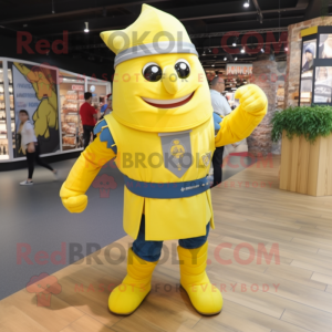 Lemon Yellow Medieval Knight mascot costume character dressed with a Denim Shorts and Headbands