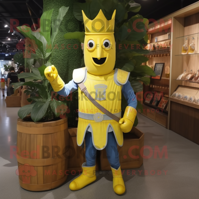 Lemon Yellow Medieval Knight mascot costume character dressed with a Denim Shorts and Headbands