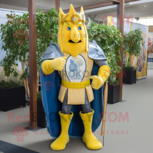 Lemon Yellow Medieval Knight mascot costume character dressed with a Denim Shorts and Headbands