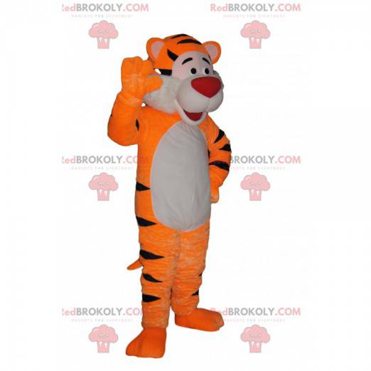 Mycket glad tigermaskot med en röd nosparti - Redbrokoly.com