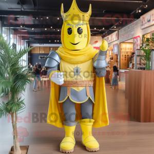 Lemon Yellow Medieval Knight mascot costume character dressed with a Denim Shorts and Headbands