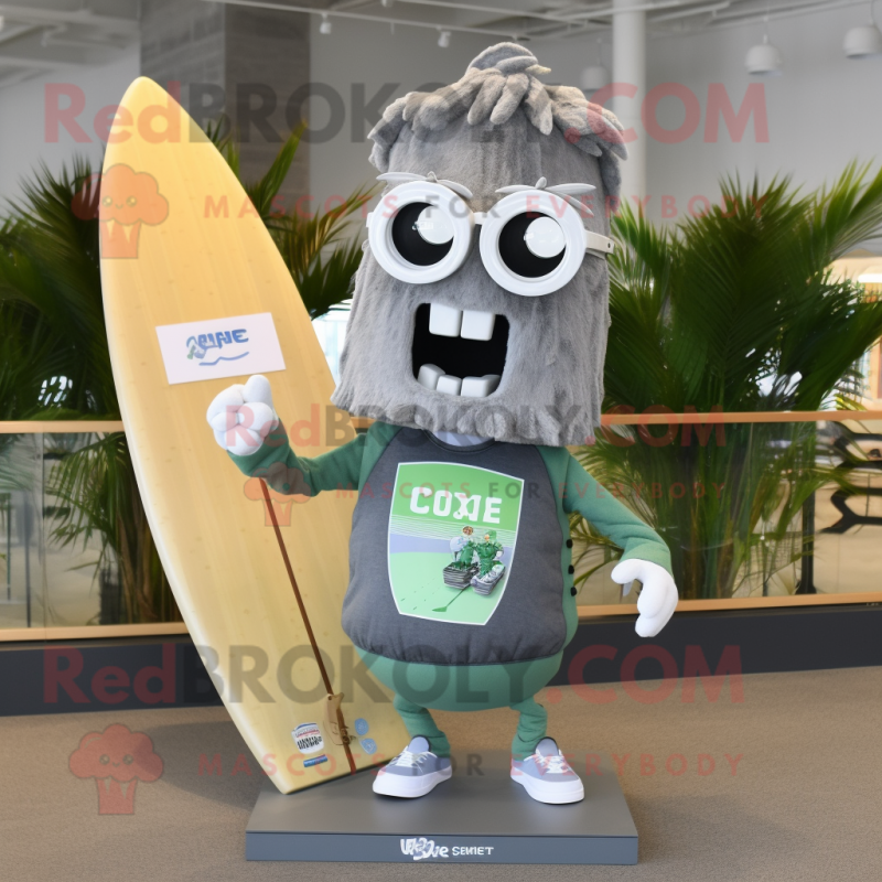 Gray Celery mascot costume character dressed with a Board Shorts and Eyeglasses