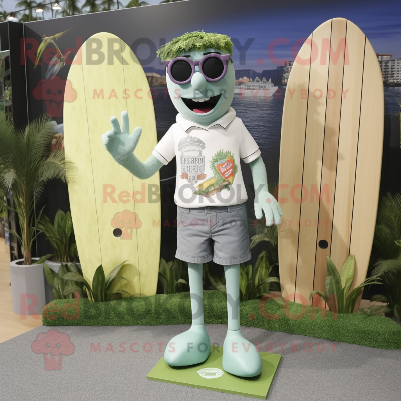 Gray Celery mascot costume character dressed with a Board Shorts and Eyeglasses