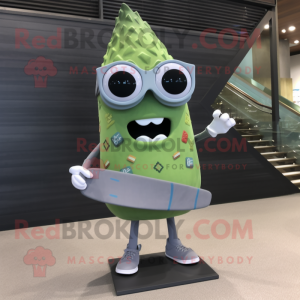 Gray Celery mascot costume character dressed with a Board Shorts and Eyeglasses