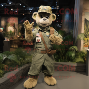 Tan Green Beret mascot costume character dressed with a Overalls and Bracelets