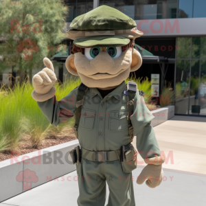 Tan Green Beret mascot costume character dressed with a Overalls and Bracelets