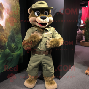 Tan Green Beret mascot costume character dressed with a Overalls and Bracelets
