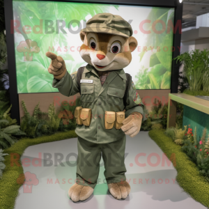 Tan Green Beret mascot costume character dressed with a Overalls and Bracelets