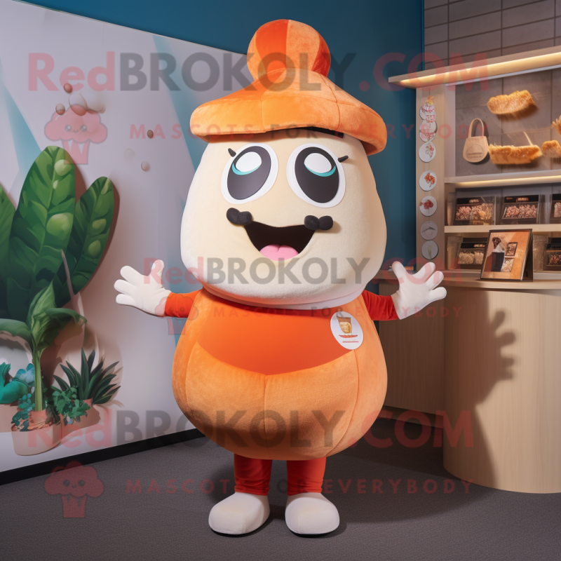 Peach Moussaka mascot costume character dressed with a Romper and Beanies Peach Moussaka mascot costume character dressed with a Romper and Beanies