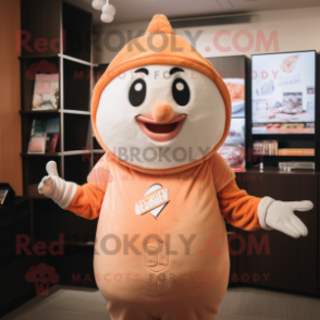 Peach Moussaka mascot costume character dressed with a Romper and Beanies