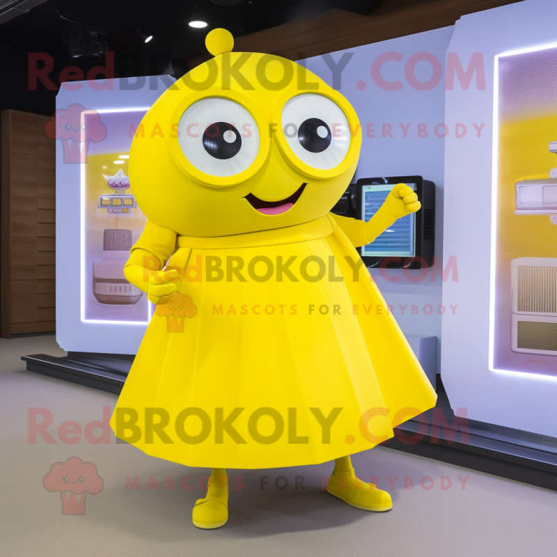 Lemon Yellow Camera mascot costume character dressed with a A-Line Skirt and Foot pads