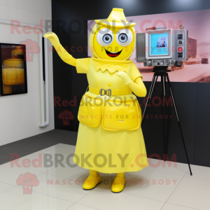 Lemon Yellow Camera mascot costume character dressed with a A-Line Skirt and Foot pads
