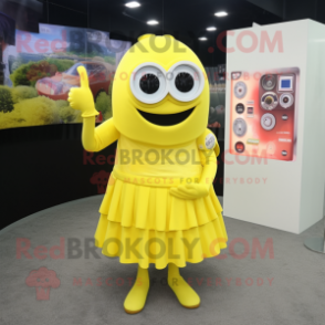 Lemon Yellow Camera mascot costume character dressed with a A-Line Skirt and Foot pads