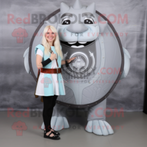 Gray Celtic Shield mascot costume character dressed with a Blouse and Foot pads