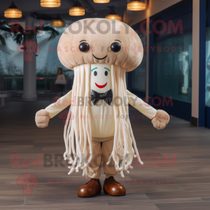 Beige Jellyfish mascot costume character dressed with a Sweater and Bow ties
