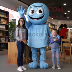 Sky Blue Cyclops mascot costume character dressed with a Mom Jeans and Belts