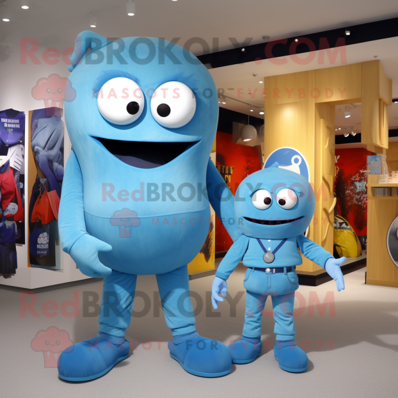 Sky Blue Cyclops mascot costume character dressed with a Mom Jeans and Belts Sky Blue Cyclops mascot costume character dressed with a Mom Jeans and Belts