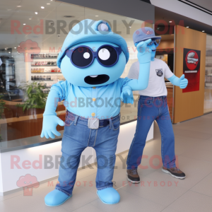 Sky Blue Cyclops mascot costume character dressed with a Mom Jeans and Belts