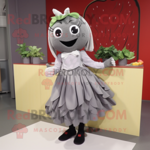 Gray Strawberry mascot costume character dressed with a Pleated Skirt and Shoe laces