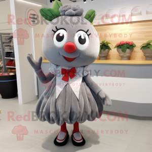 Gray Strawberry mascot costume character dressed with a Pleated Skirt and Shoe laces