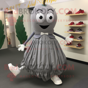 Gray Strawberry mascot costume character dressed with a Pleated Skirt and Shoe laces