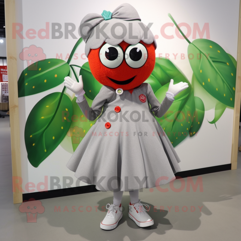 Gray Strawberry mascot costume character dressed with a Pleated Skirt and Shoe laces Gray Strawberry mascot costume character dressed with a Pleated Skirt and Shoe laces