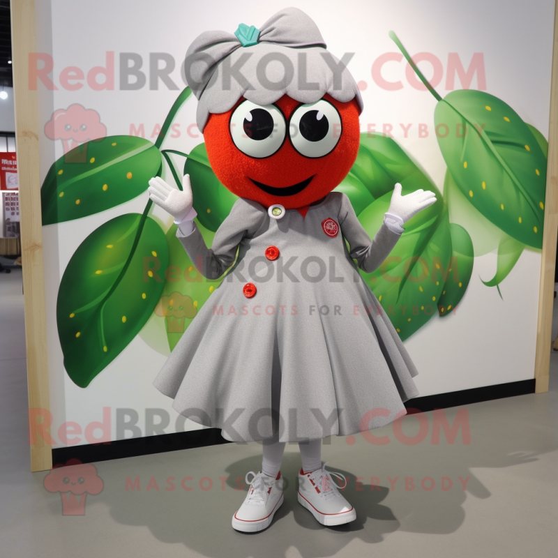 Gray Strawberry mascot costume character dressed with a Pleated Skirt and Shoe laces