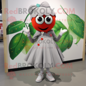 Gray Strawberry mascot costume character dressed with a Pleated Skirt and Shoe laces