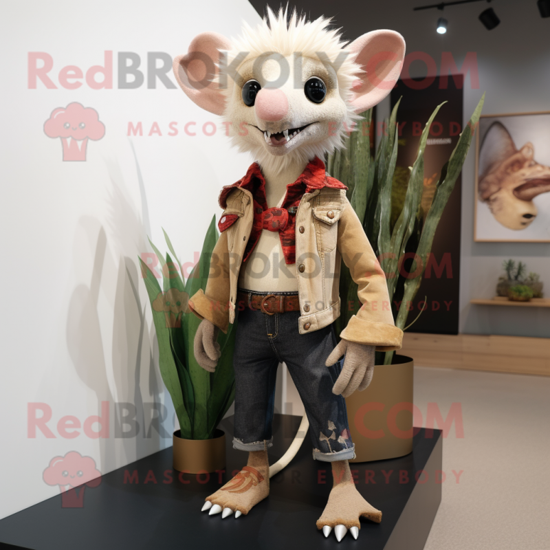 Beige Aye-Aye mascot costume character dressed with a Bootcut Jeans and Lapel pins Beige Aye-Aye mascot costume character dressed with a Bootcut Jeans and Lapel pins