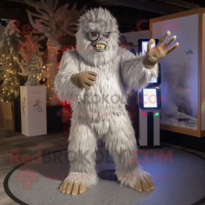 Silver Sasquatch mascot costume character dressed with a Sweater and Foot pads