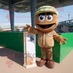 Brown Pesto Pasta mascot costume character dressed with a Baseball Tee and Hairpins