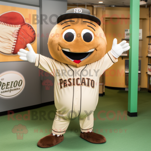 Brown Pesto Pasta mascot costume character dressed with a Baseball Tee and Hairpins