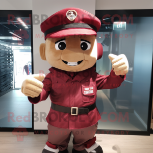 Maroon Soldier mascot costume character dressed with a Poplin Shirt and Beanies