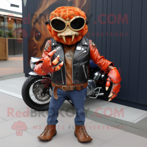 Rust Crab Cakes mascot costume character dressed with a Biker Jacket and Clutch bags