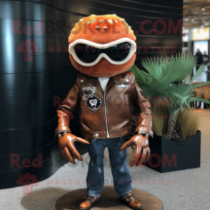 Rust Crab Cakes mascot costume character dressed with a Biker Jacket and Clutch bags