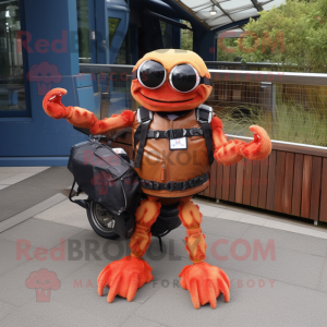 Rust Crab Cakes mascot costume character dressed with a Biker Jacket and Clutch bags