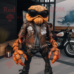 Rust Crab Cakes mascot costume character dressed with a Biker Jacket and Clutch bags