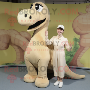 Beige Diplodocus mascot costume character dressed with a Culottes and Shoe clips