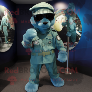 Teal Navy Seal mascot costume character dressed with a Jeggings and Hats