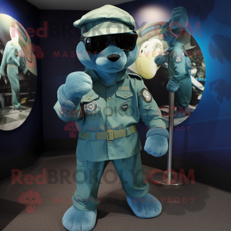 Teal Navy Seal mascot costume character dressed with a Jeggings and Hats