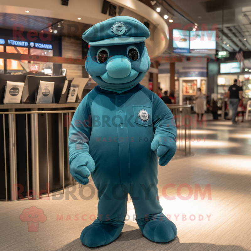 Teal Navy Seal mascot costume character dressed with a Jeggings and Hats