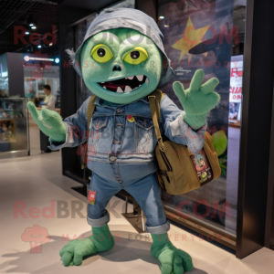 Green Undead mascot costume character dressed with a Denim Shorts and Wallets