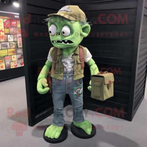 Green Undead mascot costume character dressed with a Denim Shorts and Wallets