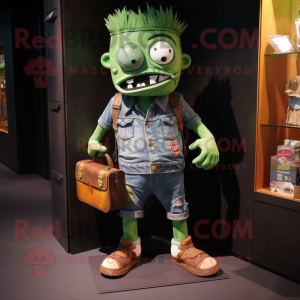 Green Undead mascot costume character dressed with a Denim Shorts and Wallets