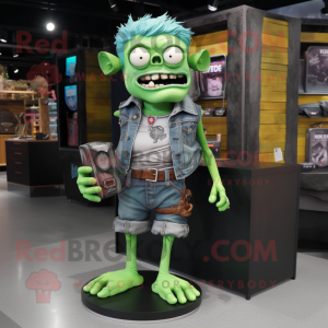 Green Undead mascot costume character dressed with a Denim Shorts and Wallets