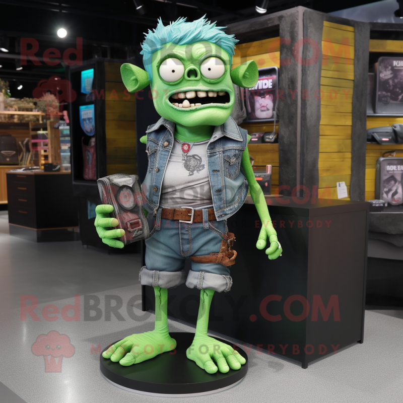 Green Undead mascot costume character dressed with a Denim Shorts and Wallets