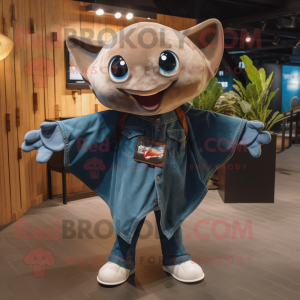 Brown Manta Ray mascot costume character dressed with a Denim Shorts and Mittens