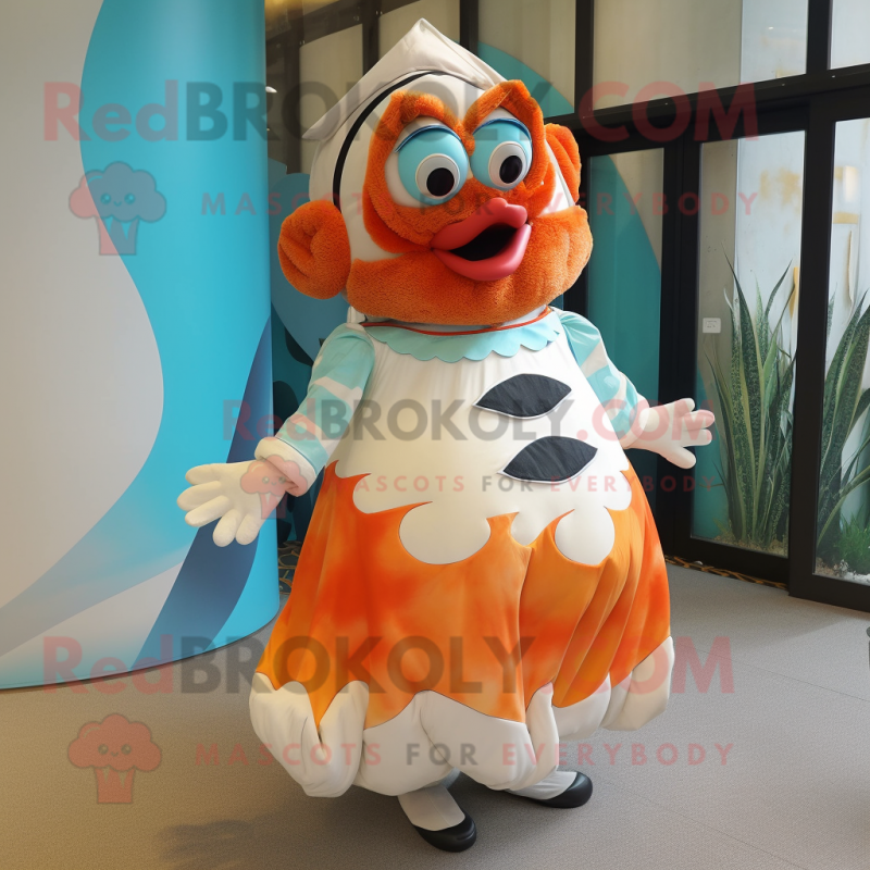Cream Clown Fish mascot costume character dressed with a A-Line Dress and Brooches Cream Clown Fish mascot costume character dressed with a A-Line Dress and Brooches